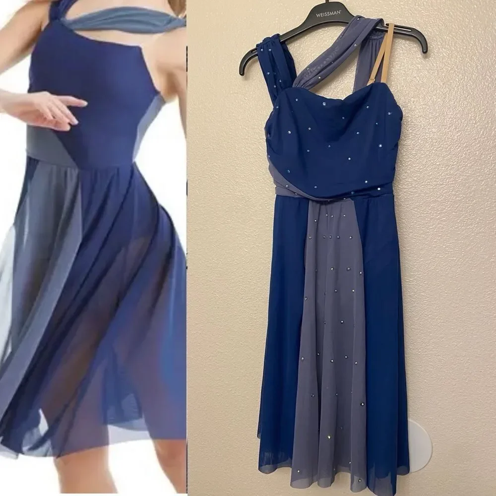 WEISSMAN Dance Costume custom solo blue  Two Color Asymmetrical Dress D11097 LC